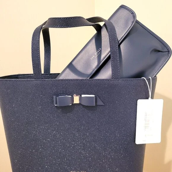 NWT Ted Baker 'Demmiee' Tote in Navy with Makeup Bag – Elegant Bow Detail - Picture 2 of 9